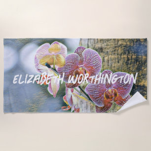 Vintage Purple Pink Orchid Flowers on log Beach To Beach Towel