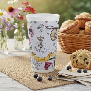 Vintage Purple Queen Bee Royal Gold Crown & Scroll Latte Mug