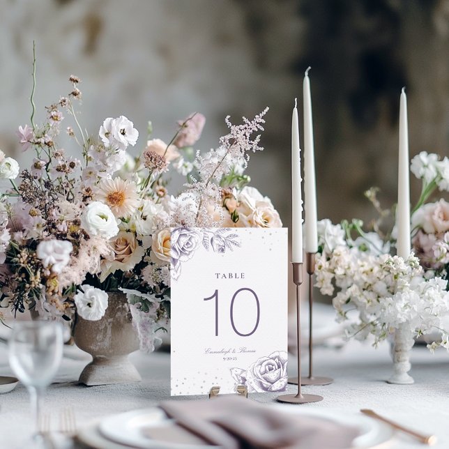 Vintage Purple Rose Glitter Wedding Table Number (Creator Uploaded)