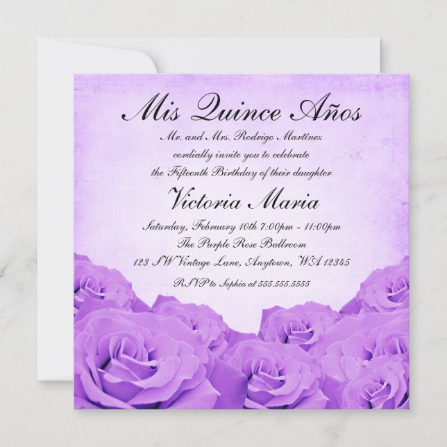 Vintage Purple Rose Quinceanera Birthday Party Invitation (Front)