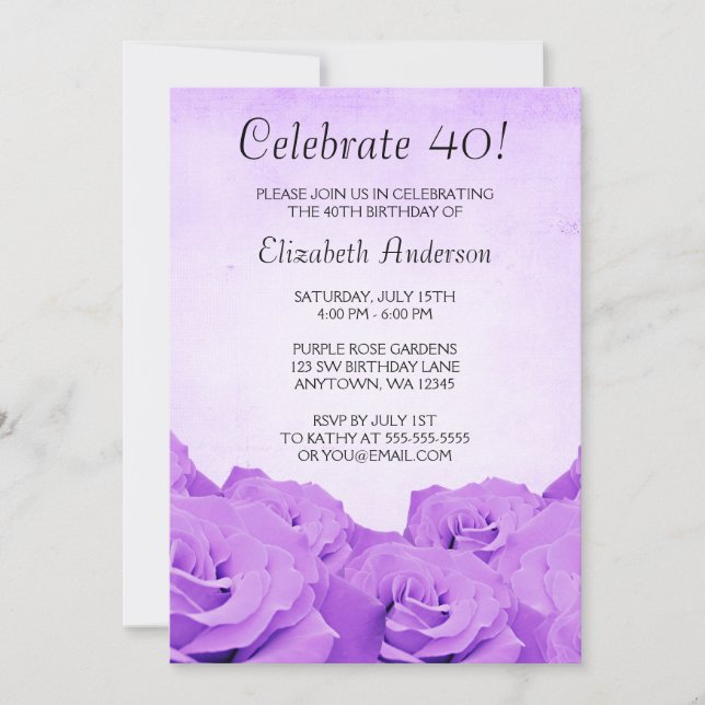 Vintage Purple Roses 40th Birthday Invitations (Front)