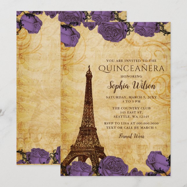 Vintage Purple Roses Eiffel Tower Quinceañera  Invitation (Front/Back)