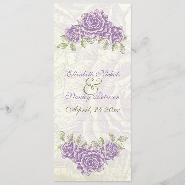 Vintage purple roses wedding ceremony program card (Front)