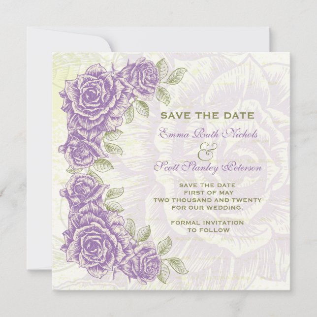Vintage purple roses wedding Save the Date (Front)
