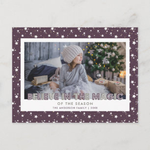 Vintage Purple Snow Stars Believe Photo Holiday Postcard