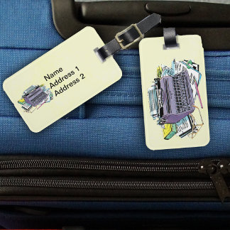 Vintage Purple Typewriter Paper Pencils on Yellow Luggage Tag
