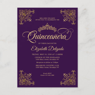 Vintage Purple Violet Gold Frame Tiara Quinceanera Postcard