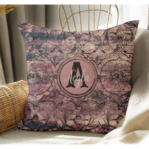 Vintage Purple Wood Black Floral Rustic Monogram Throw Pillow