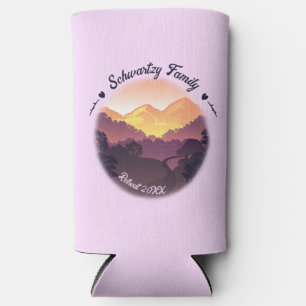 Vintage Purple Yellow Farmhouse Mountain Sunset  Seltzer Can Cooler