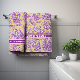 Vintage Purple Yellow French Country Toile de Jouy Bath Towel Set