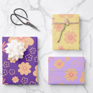 Vintage Purple Yellow Orange Floral Pattern Wrapping Paper Sheet