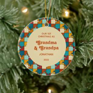 Vintage Puzzle 1st Christmas As Grandparents Photo Ceramic Ornament