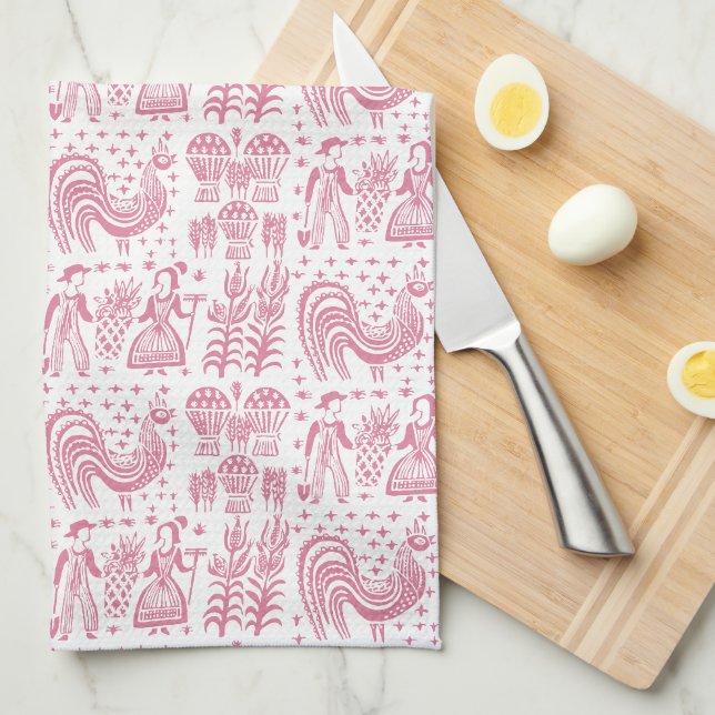 Vintage Pyrex Pattern - Amish Butterprint (Pink) Kitchen Towel (Quarter Fold)