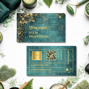 Vintage Qr Code Emerald Green Gold and Black  Business Card