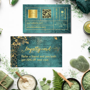 Vintage Qr Code Emerald Green Gold and Black  Loyalty Card