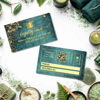 Vintage Qr Code Emerald Green Gold and Black  Loyalty Card