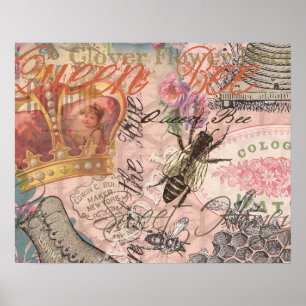 Vintage Queen Bee Beautiful Girly Collage Poster