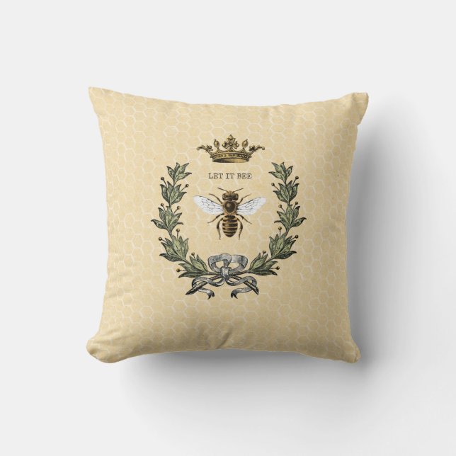 Vintage Queen Bee Crown and Wreath Throw Pillow (Front)