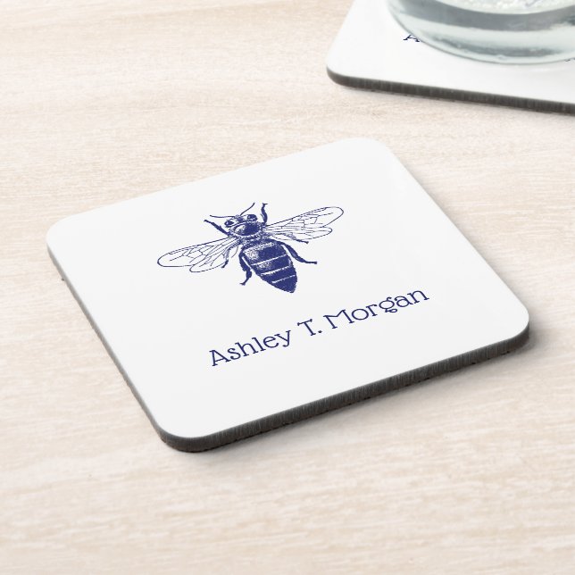 Vintage Queen Bee Drawing in Blue Coaster (Left Side)