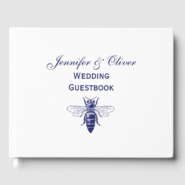 Vintage Queen Bee Drawing in Blue Guest Book (Front)