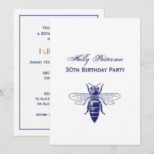 Vintage Queen Bee Drawing in Blue Invitation