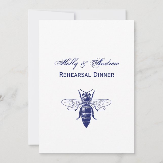 Vintage Queen Bee Drawing in Blue Invitation (Front)