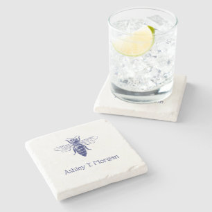 Vintage Queen Bee Drawing in Blue Stone Coaster