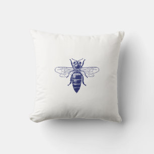 Vintage Queen Bee Drawing in Blue Throw Pillow