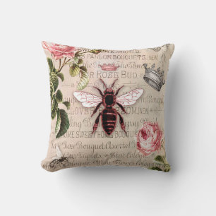 Vintage Queen Bee Ephemera Throw Pillow