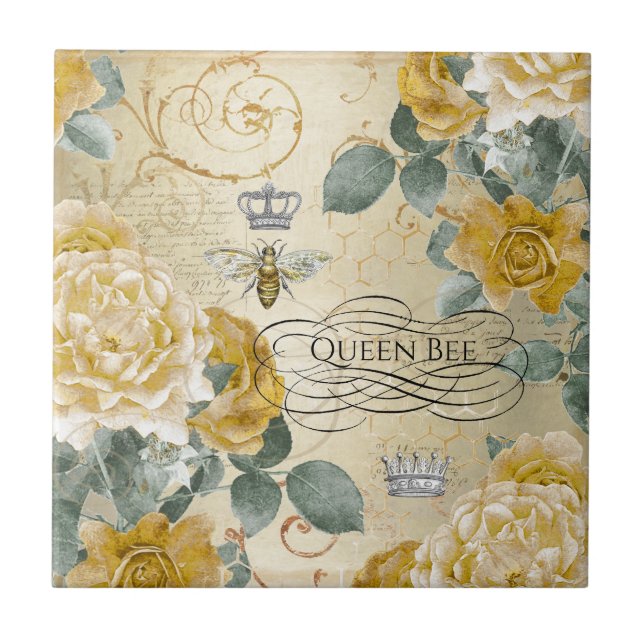Vintage Queen Bee Golden Roses Floral Tile (Front)