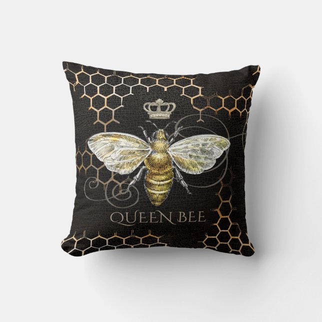 Vintage Queen Bee Royal Crown Black Throw Pillow (Front)