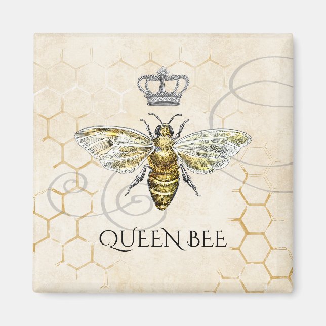 Vintage Queen Bee Royal Crown Honeycomb Beige Magnet (Front)