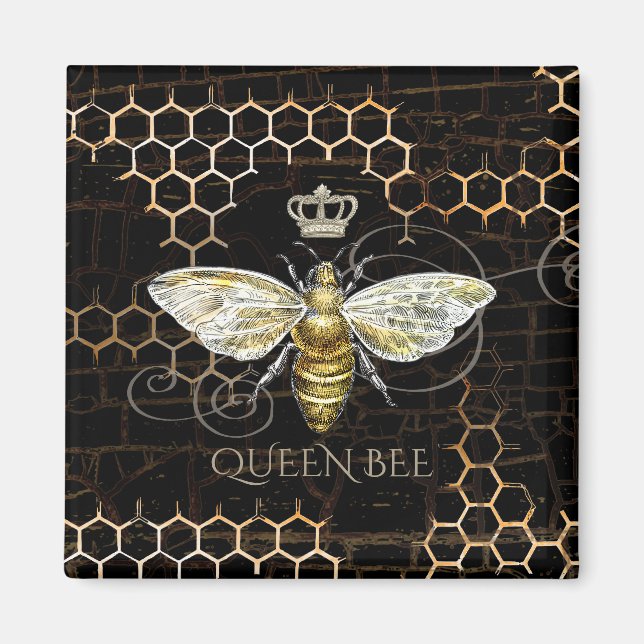 Vintage Queen Bee Royal Crown Honeycomb Black Magnet (Front)