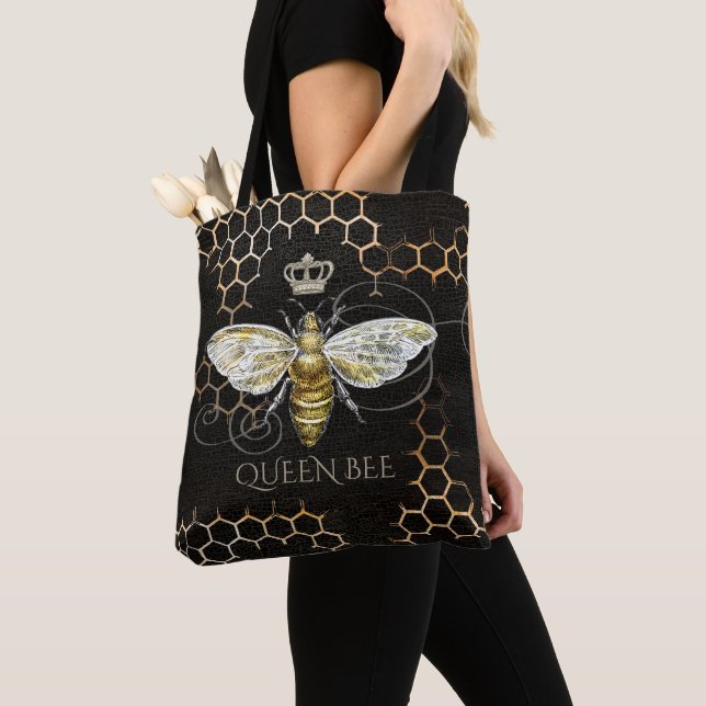 Vintage Queen Bee Royal Crown Honeycomb Black Tote Bag (Close Up)