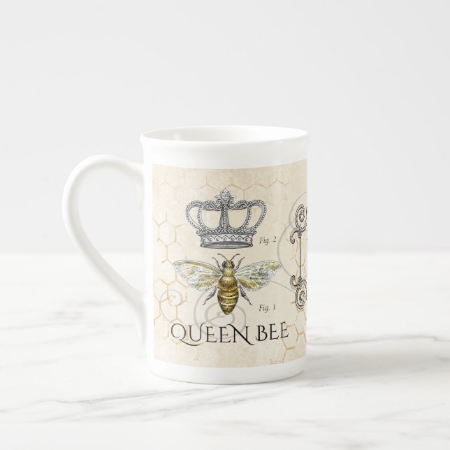 Vintage Queen Bee Royal Crown Monogram Bone China Mug (Left)