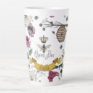 Vintage Queen Bee, Royal Gold Crown & Scroll Name Latte Mug