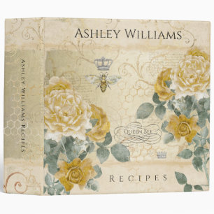 Vintage Queen Bee Yellow Floral Monogram Recipe Binder