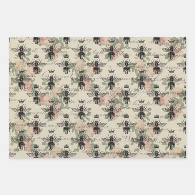 Vintage Queen Honey Bee Wrapping Paper Sheet (Front)