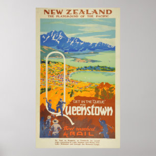 Vintage Queenstown New Zealand Travel Poster