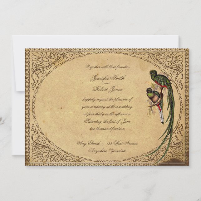 Vintage Quetzal Bird Elegant Wedding Invitation (Front)