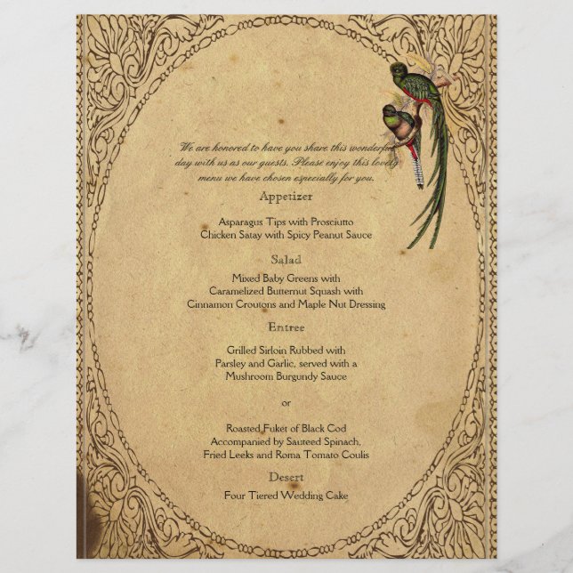 Vintage Quetzal Bird Elegant Wedding Menu (Devant)