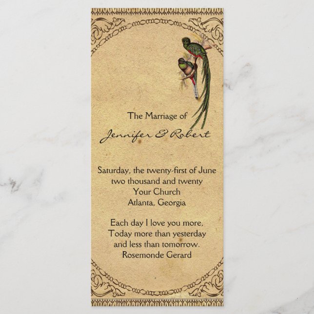 Vintage Quetzal Bird Elegant Wedding Program (Front)