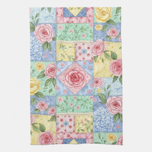 Vintage Quilt Rose Pattern Kitchen Towel (Vertical)