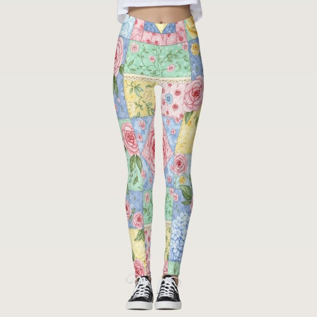 Vintage Quilt Rose Pattern Leggings (Front)