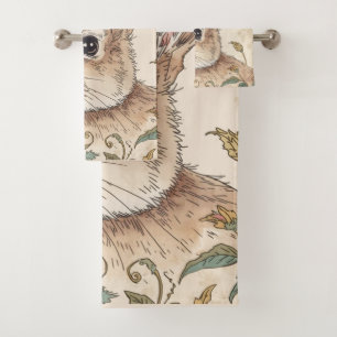 Vintage Rabbit, Cute Bunny Rabbit, Flowers Pattern Bath Towel Set