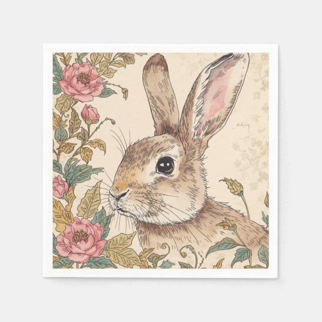 Vintage Rabbit, Cute Bunny Rabbit, Flowers Pattern Napkin (Front)