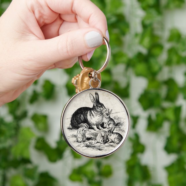 Vintage Rabbit Family Illustration, Baby Bunnies Keychain (Hand)