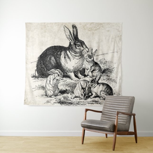 Vintage Rabbit Family Illustration, Baby Bunnies Tapestry (In Situ (Horizontal))