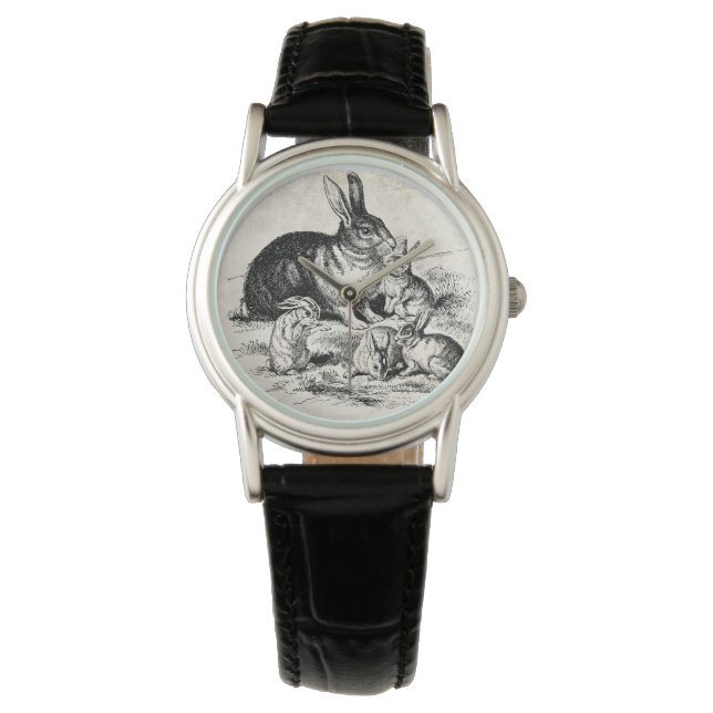 Vintage Rabbit Family Illustration, Baby Bunnies Watch (Front)