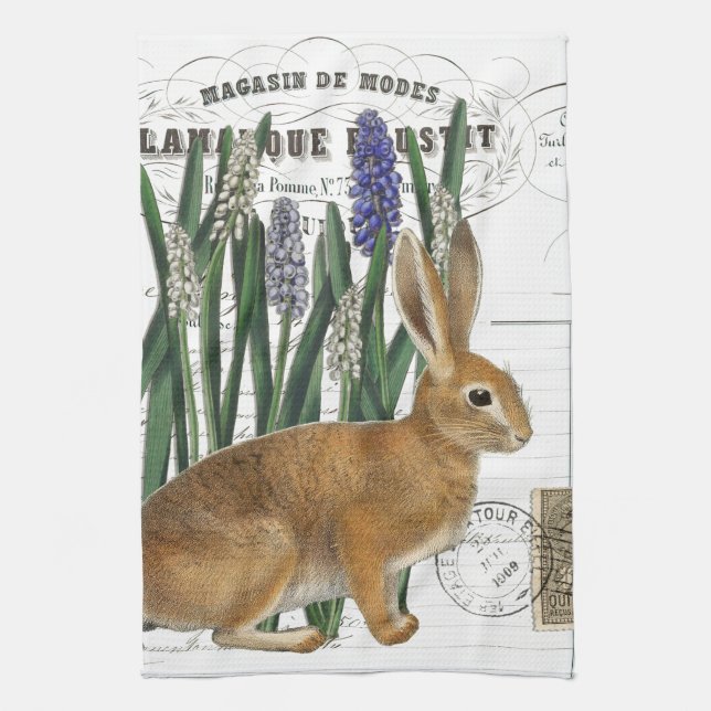Vintage Rabbit French Script Kitchen Hand Towel (Vertical)